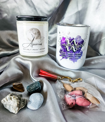 Aquarius zodiac candle gift box with mug, tumbled stones and incense cones.